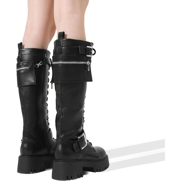 Women's Leather Black Combat Platform Knee High Lace Up Boots Motorcycle Boots - Picture 9 of 9